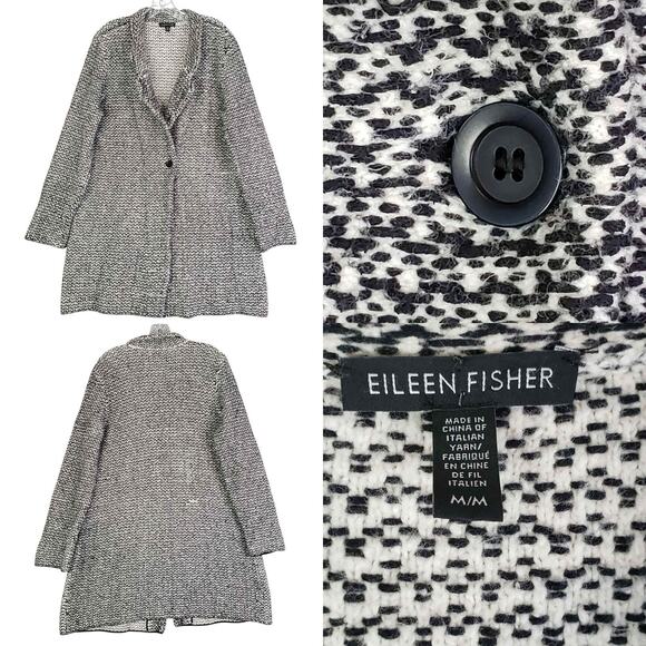 Eileen Fisher Cardigan Jacket Coatigan Size Medium Tweed Longline Black Cotton - Picture 2 of 10